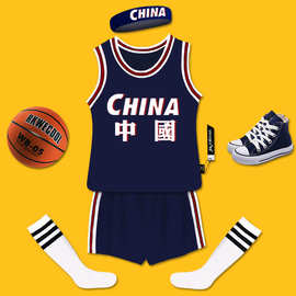 男女童中国蓝色篮球服儿童大中小童幼儿园小孩宝宝演出篮球服套装