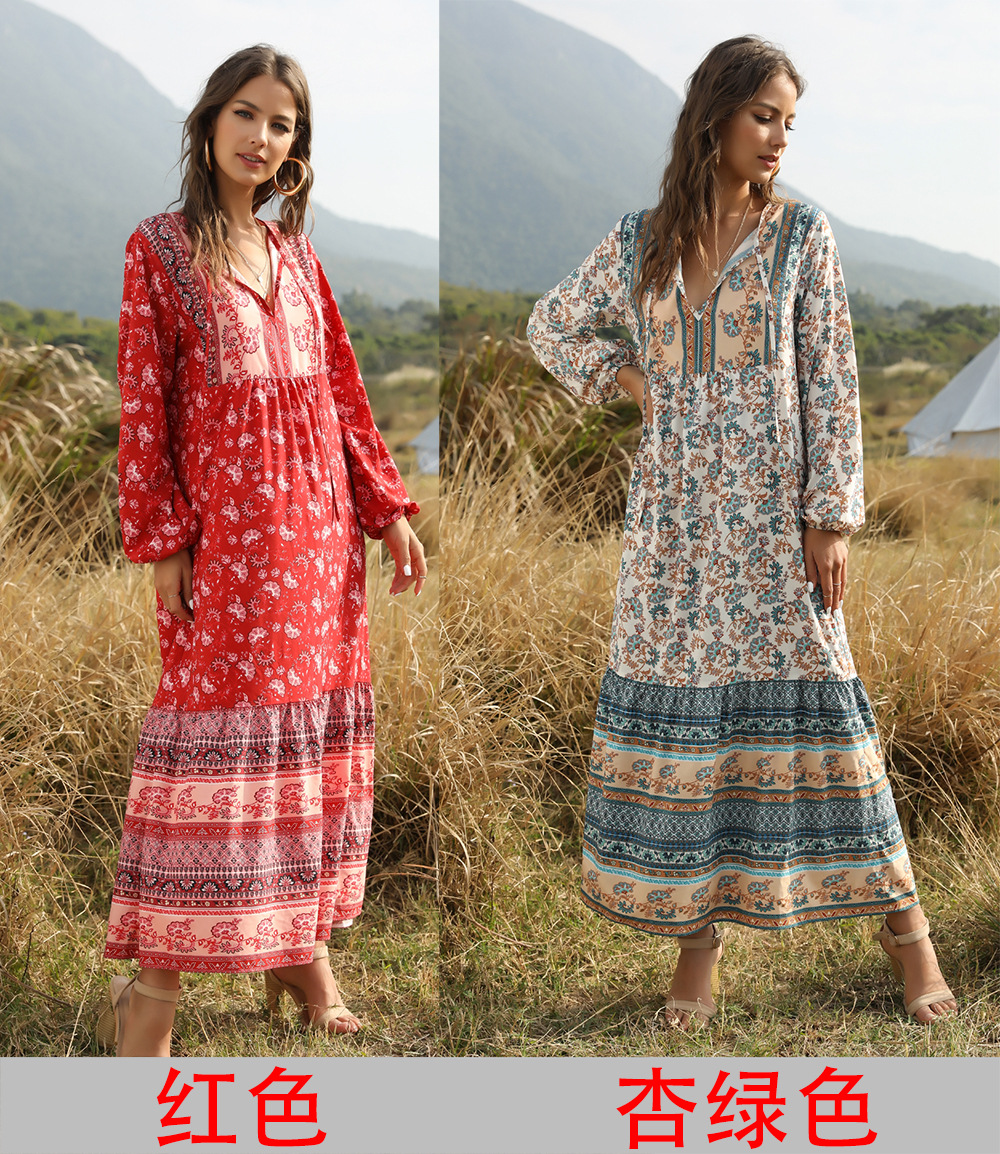 Lace-up long bohemian print loose long sleeve dress NSDF1494