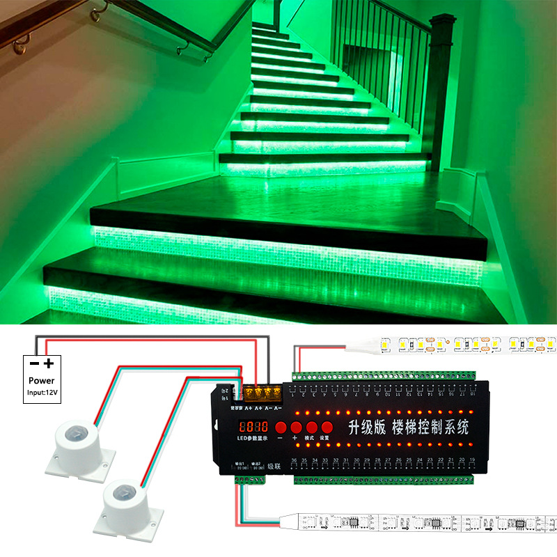 WS2811全彩 單色 新版36路網紅樓梯感應控制器踏步流水同步感應