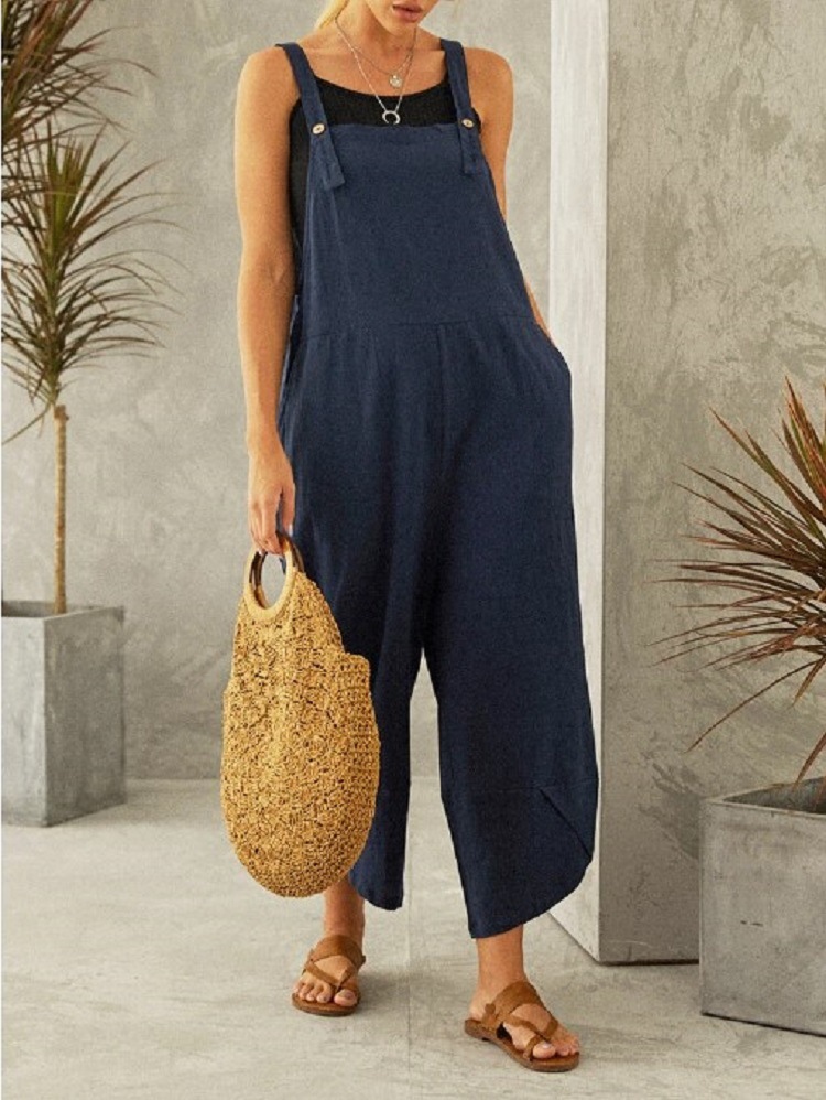 Tuta da donna ampia e larga, estiva, regolabile, in cotone e lino, tinta unita, pantaloni larghi, tute da donna oversize_voghion.com