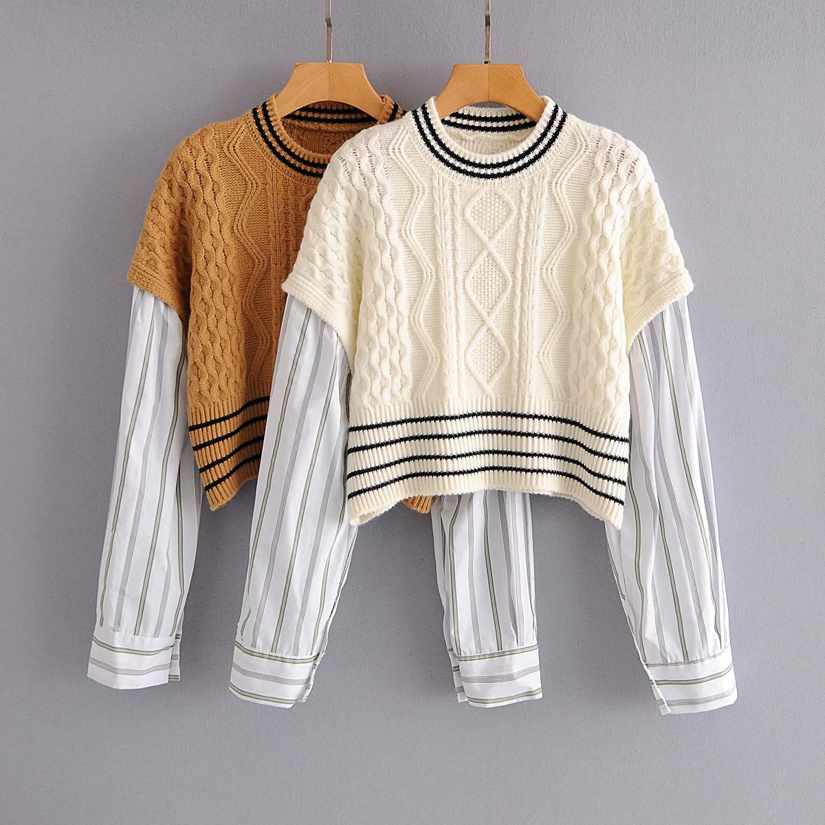 women s new round neck fake two-piece striped sleeve twist sweater  NSAM6781