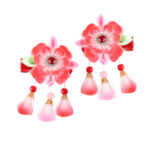 chinese hanfu hair accessory for girls Chinese hand made double layer peach blossom edge clip with horsetail clip