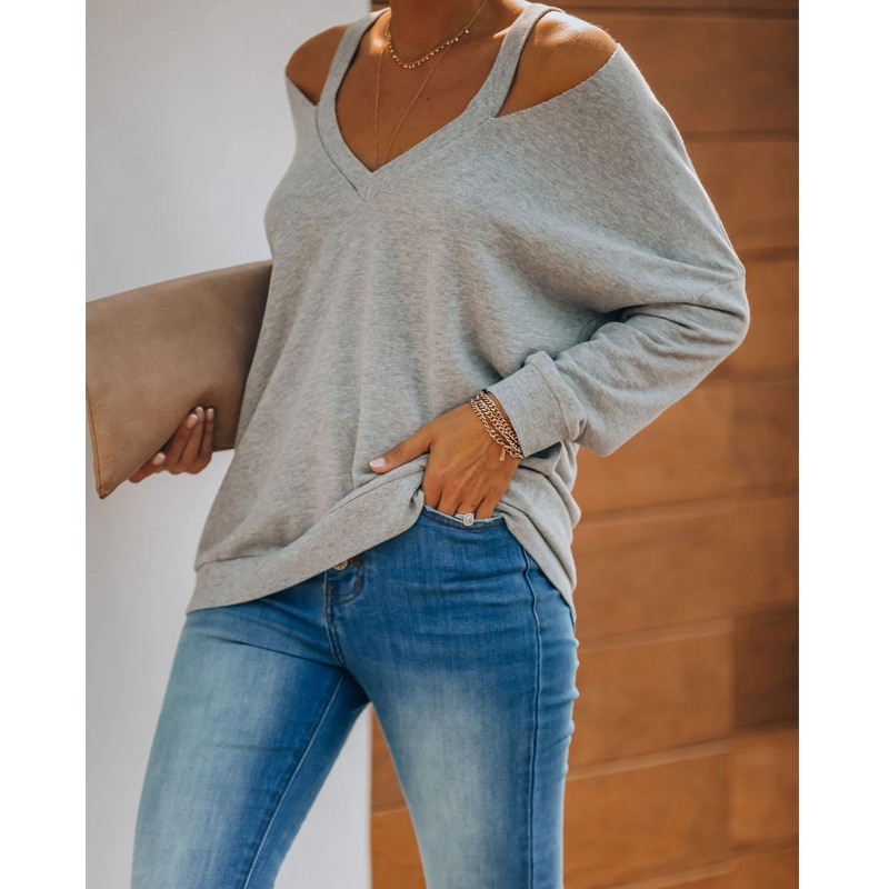 Loose Long-Sleeved Casual Solid Color V-Neck Sweatshirt NSHPH108594