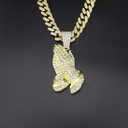 Euro-American minimalist influencer-style vintage hip-hop diamond-studded alloy necklace for trendy men, featuring a hiphop-inspired Buddha hand pendant.