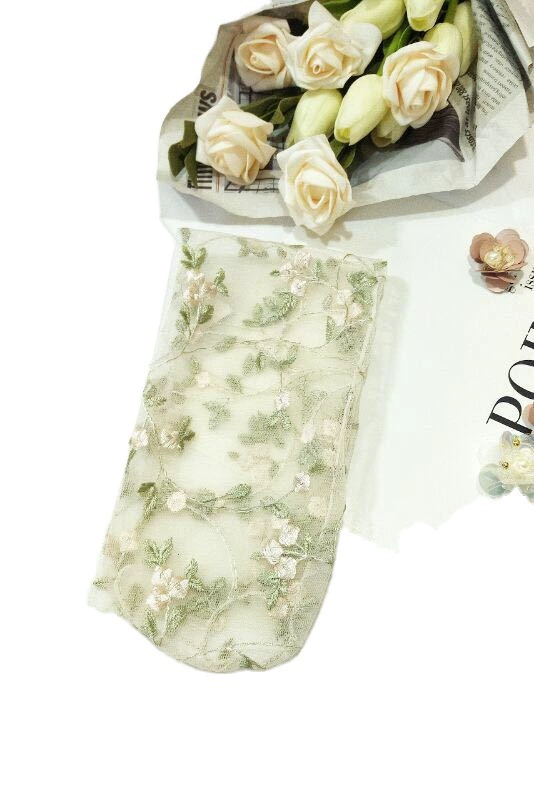 Embroidered Floral Mesh Socks, Spring–Summer Sheer Gauze, One Size (Black/White)
