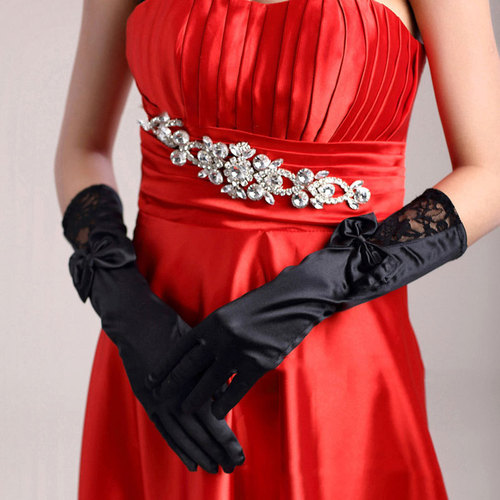 Lace Elbow Length Satin Satin Gloves Fingered Wedding Dress Gloves Elbow Length Embroidered Bow Long Gloves