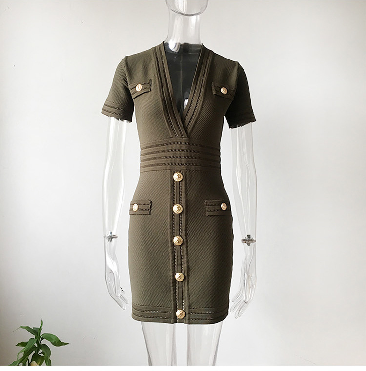 Spring Knitted Short Sleeved V neck Dress Sheath Army Green Black Texture