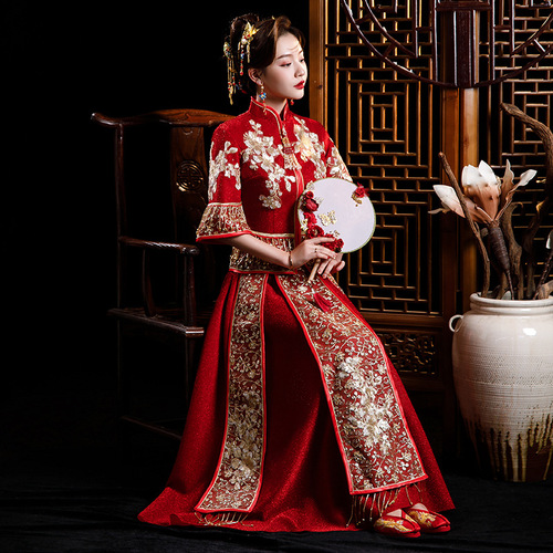 Toast chinese wedding dress qipao Chinese style wedding dresses beads tassel retro red XiuHe bridal wedding gown clothing