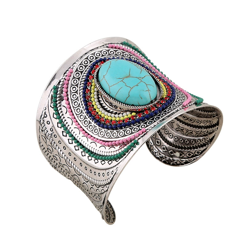 Boho Metal Bracelet, Turquoise Accent Open Cuff, Wide & Adjustable, Multiple Sizes