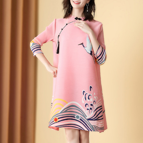 Women chinese dresses retro qipao dresses French retro print large  plus size dress cheongsam fat mm dress