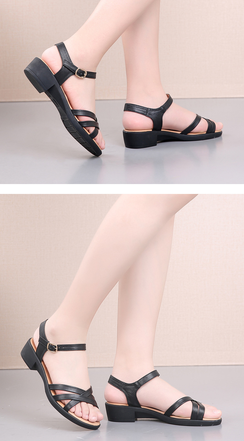 Sandal nữ đế bệt da thật quai chữ V thoải mái cho người trung niên — Màu đen chi tiết 8