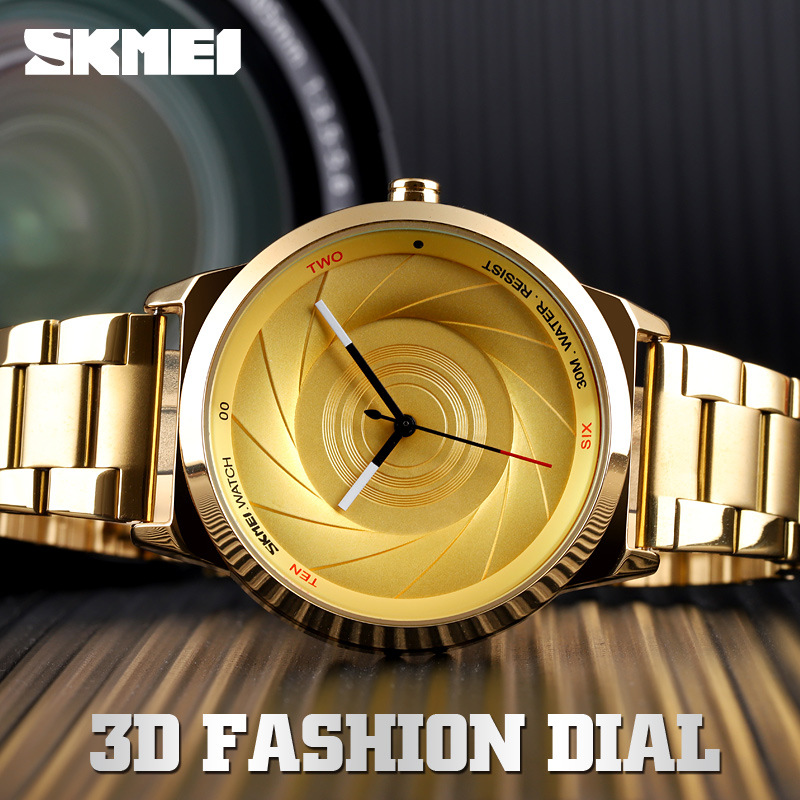 Skmei 9210 moda hombres de moda de negocios Reloj simple tridimensional superficie impermeable de alto grado de oro reloj de cuarzo