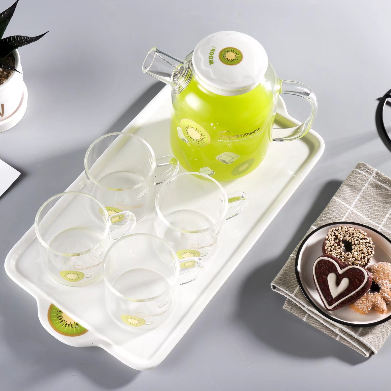 Creativa fruta de verano botella de agua fría traje de vidrio fresco borosilicato resistente al calor conjunto de agua con bandeja taza de agua regalo