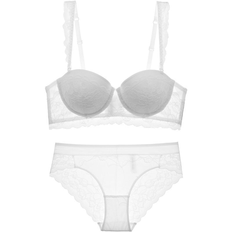 New Sexy Lace Overlay Half Cup Gathering Women's Bra Set Wedding Off the Shoulder Underwear_voghion.com