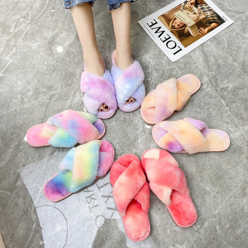 Women's autumn and winter fashionable furry slippers colorful cross open toe cotton slippers Amazon wish specializes in large size home furry slippers