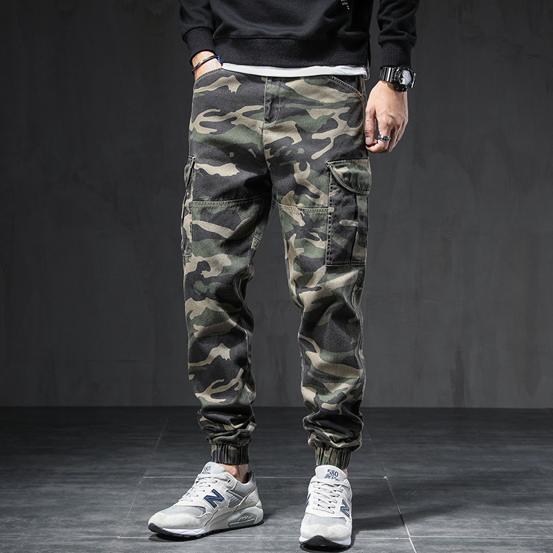 新款迷彩工装裤男弹力束脚纯色裤潮流休闲多口袋宽松裤迷彩裤8611