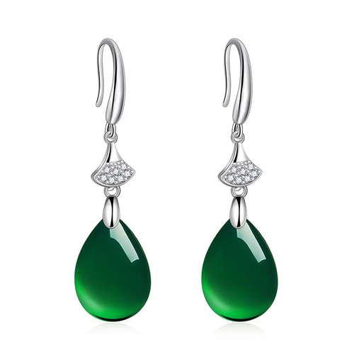 Ethnic Fengshui drop-shaped green agate earrings for women, micro-embellished diamonds, long chrysoprase ear hook earrings, gift jewelry for mom