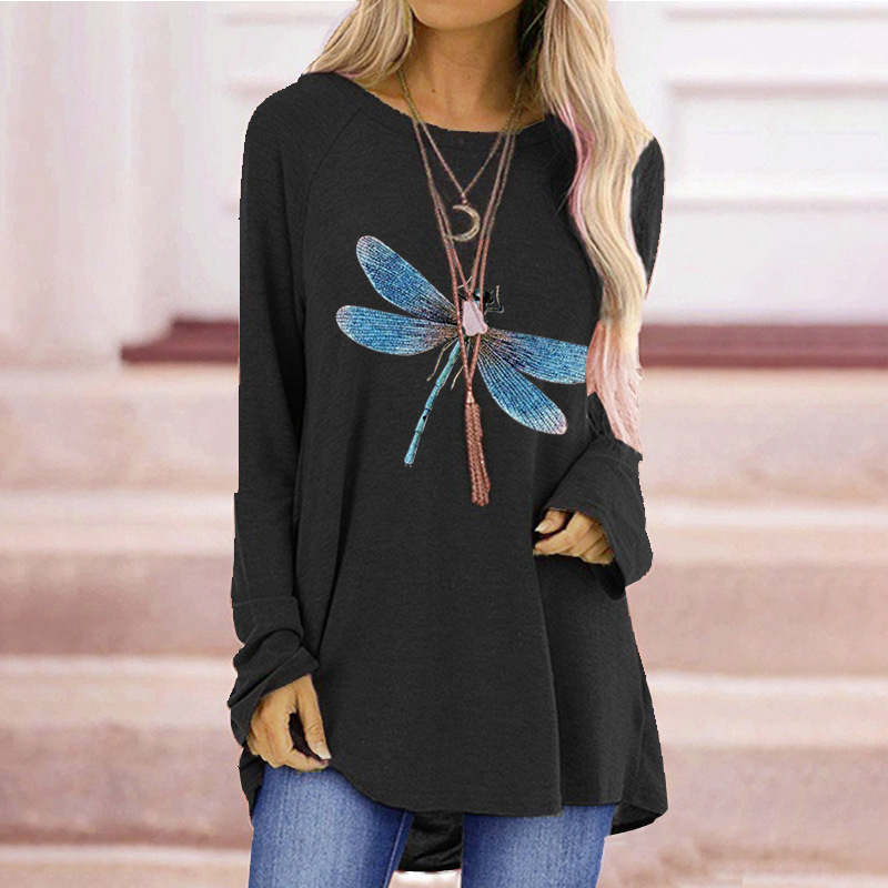 Wish Amazon Ebay Autumn Blue Dragonfly Print Loose Round Neck Long Sleeve T-Shirt Women's Long Sleeve Loose Wish Amazon Ebay Autumn Blue Dragonfly Print Loose Round Neck Long Sleeve T-Shirt Women's Long Sleeve Loose