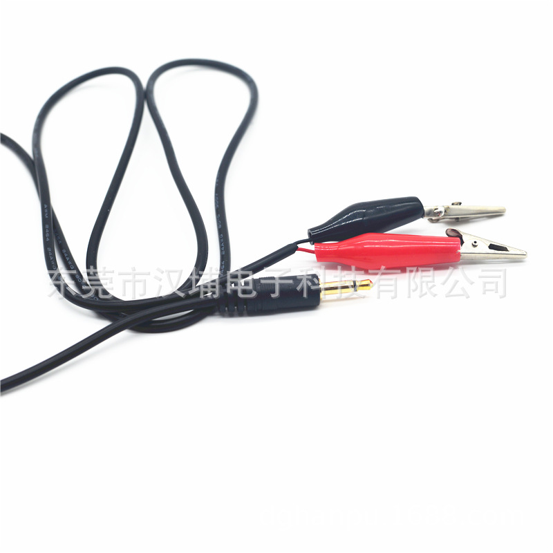 24AWG两芯镀金头音频3.5mm单音公头转红黑鳄鱼夹子线