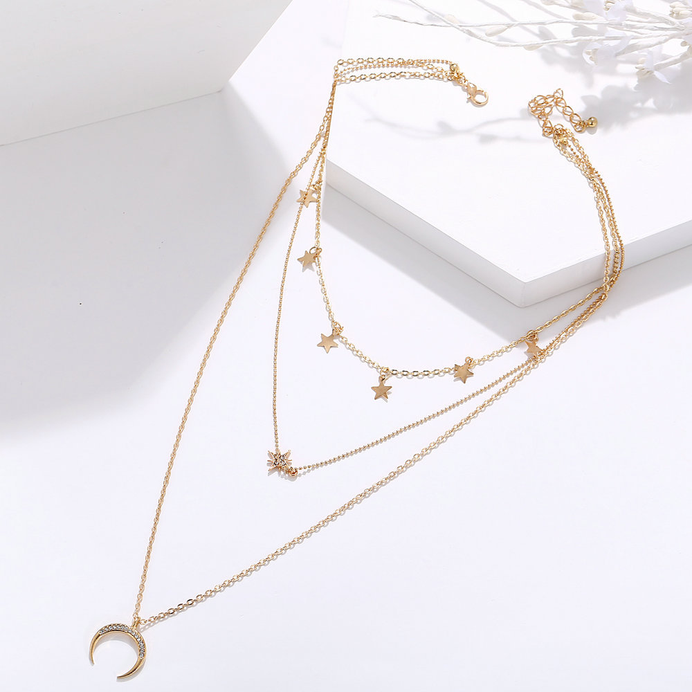 hot sale star crescent three-layer necklace creative retro simple alloy clavicle chain wholesale nih
