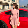 Low cut waist A-line large swing skirt long sleeve dress