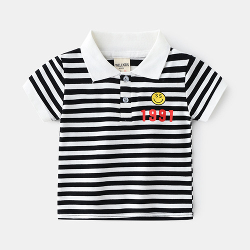 Striped cotton casual T-shirt Children's clothing pique cotton top summer half-sleeved boys' lapel POLO shirt