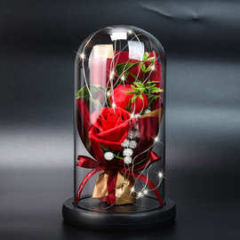 跨境仿真玫瑰香皂花情人节礼物永生花玻璃罩led带灯发光创意摆件