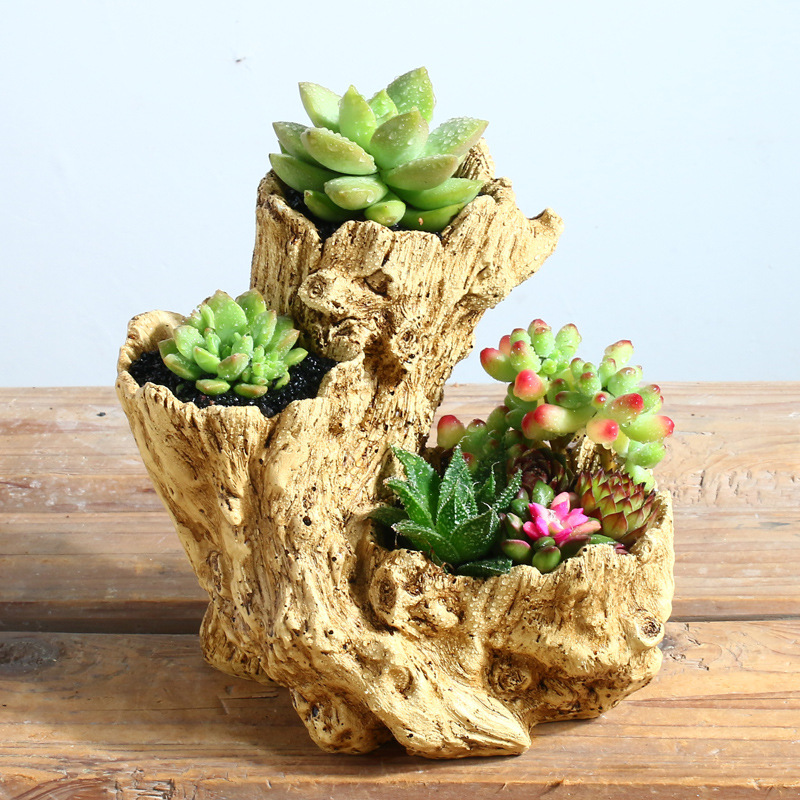 新款廠家直銷 創意仿真樹根花盆 三孔樹脂多肉花盆 陽台植物花盆