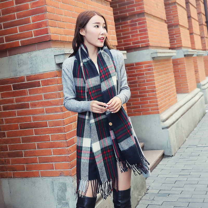 学生纽扣格子双面披肩-1gg