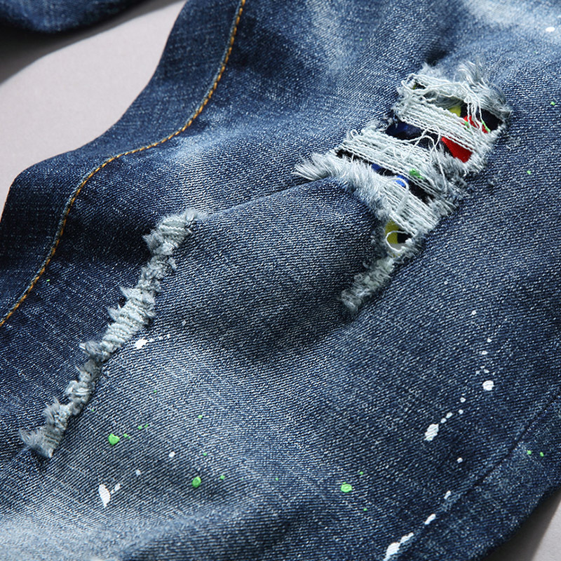 Broderade slim fit stretch straight jeans för män_voghion.com