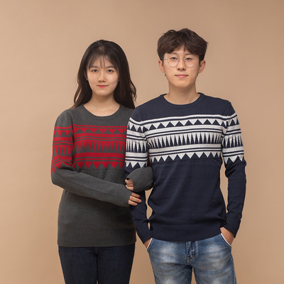 休闲拼色圆领套头毛衣男2020秋冬新款加厚保暖个性修身情侣毛衫潮