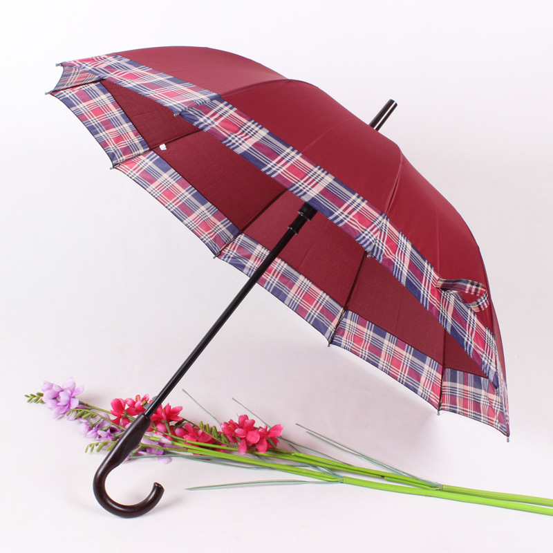 格子接边晴雨伞 加大自动长柄伞 出口热销款 那女通用款直杆雨伞