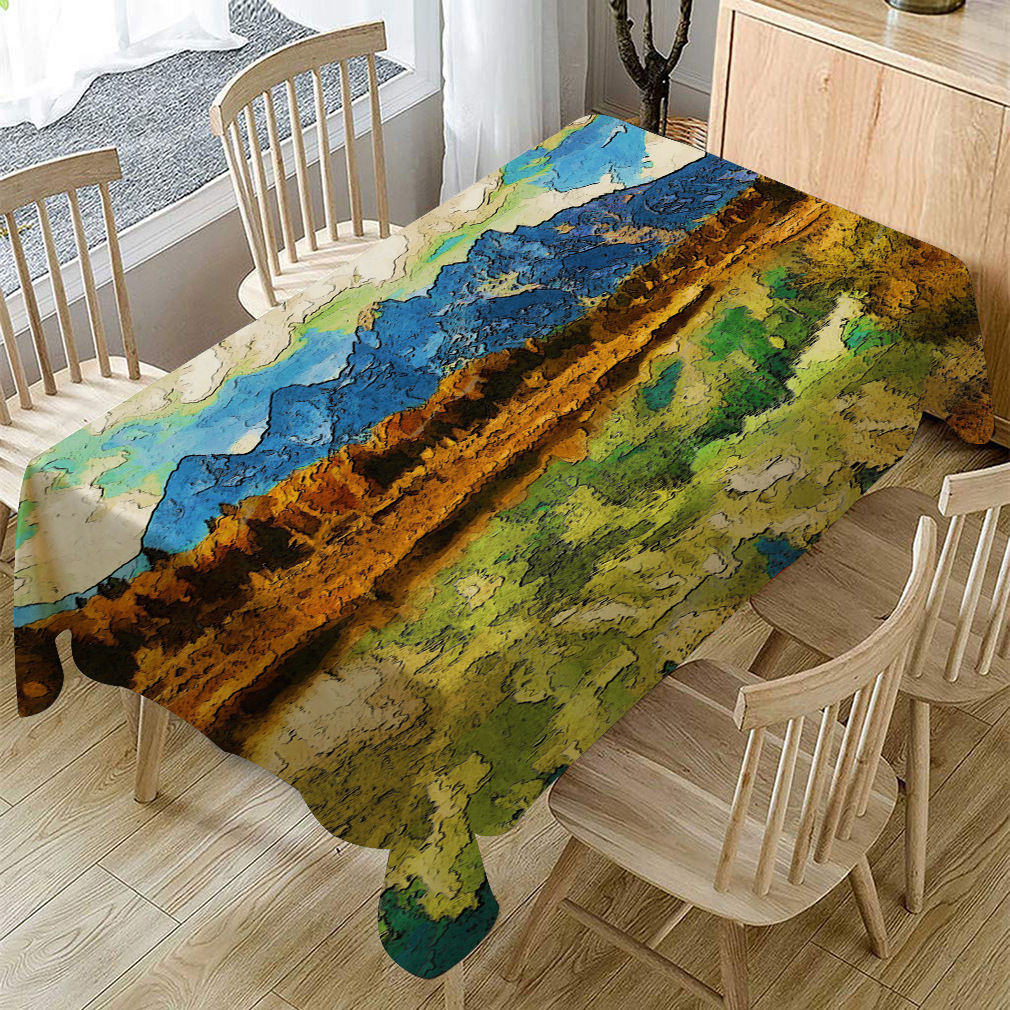 亚马逊wish热销 风景油画系列棉麻桌布批发 亚麻茶几台布餐桌布