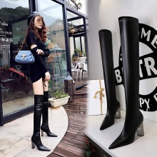 3128-16 European and American fashion metal heel thick heel high heel pointy sexy nightclub slim legged over knee boots