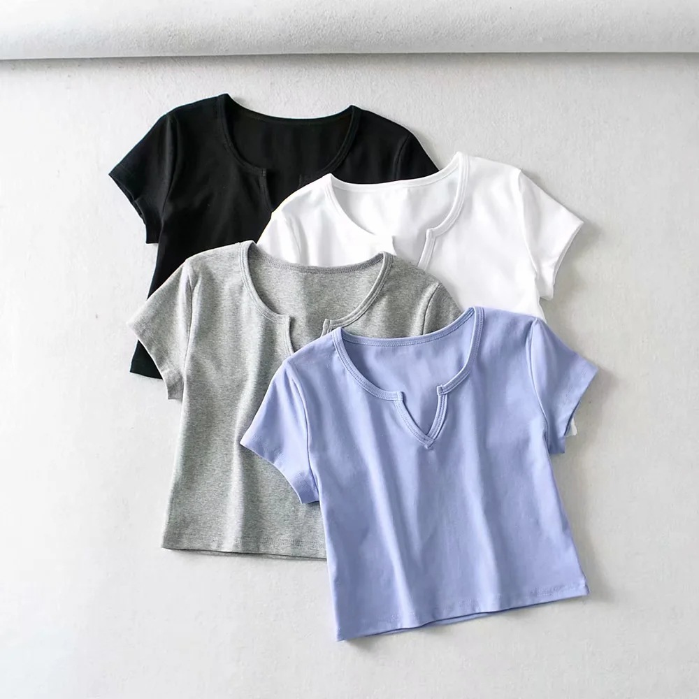 solid color small V-neck short-sleeved T-shirt  NSHS44680