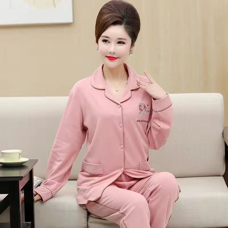 Pijama de primavera y otoño cárdigan de manga larga de algodón 100% para mujeres de mediana edad y ancianas madre de mediana edad