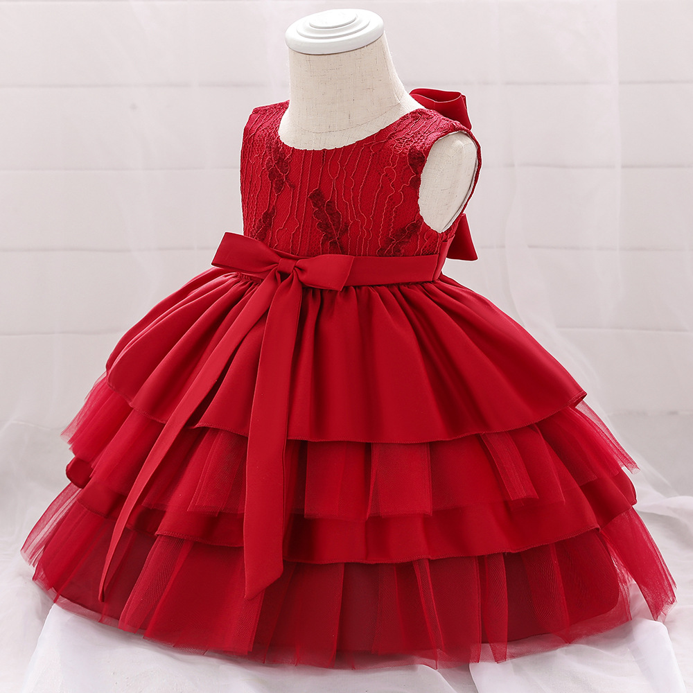 Ins popular girl's dress lace girl pommel yarn Princess Dress bow