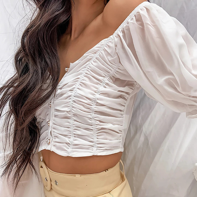 Solid color bubble sleeve pleated Button Navel slim top