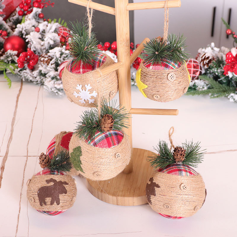跨境圆形圣诞节装饰挂件麻布圣诞球麻绳红格子圣诞树装饰挂绳吊球