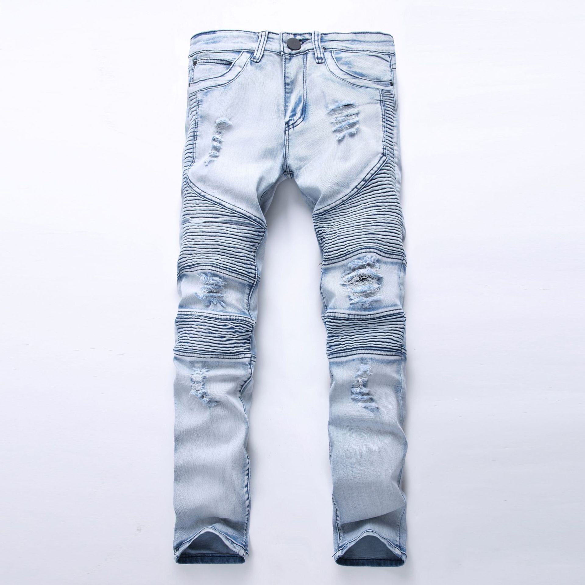 Men's jeans with personalized trendy folds, slim fit and elastic fit, men's fashionable pants_voghion.com