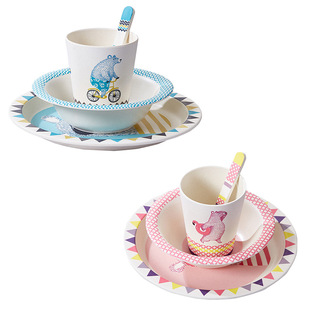 Bamboo fiber children's tableware four-piece Bowl plate spoon pink cartoon bear simple style factory direct sales