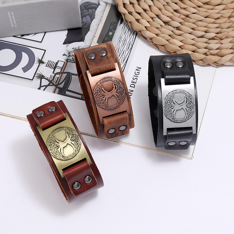Viking Totem Lucky Tree Leather Retro Woven Punk Menu0027s Wide Leather Bracelet nihaojewelry
