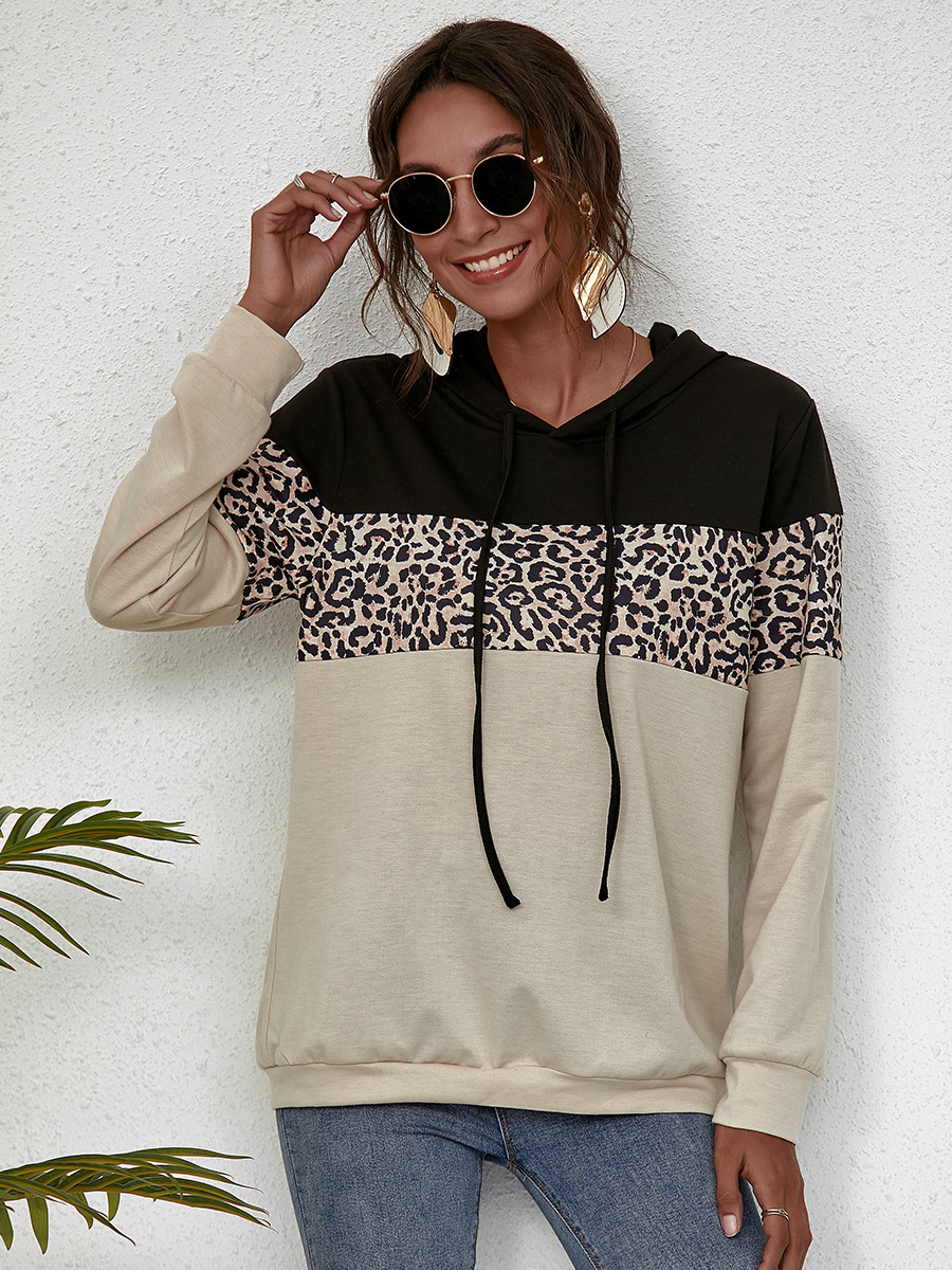 autumn and winter simple stitching leopard print hooded sweater slim long-sleeved top NSAL1896