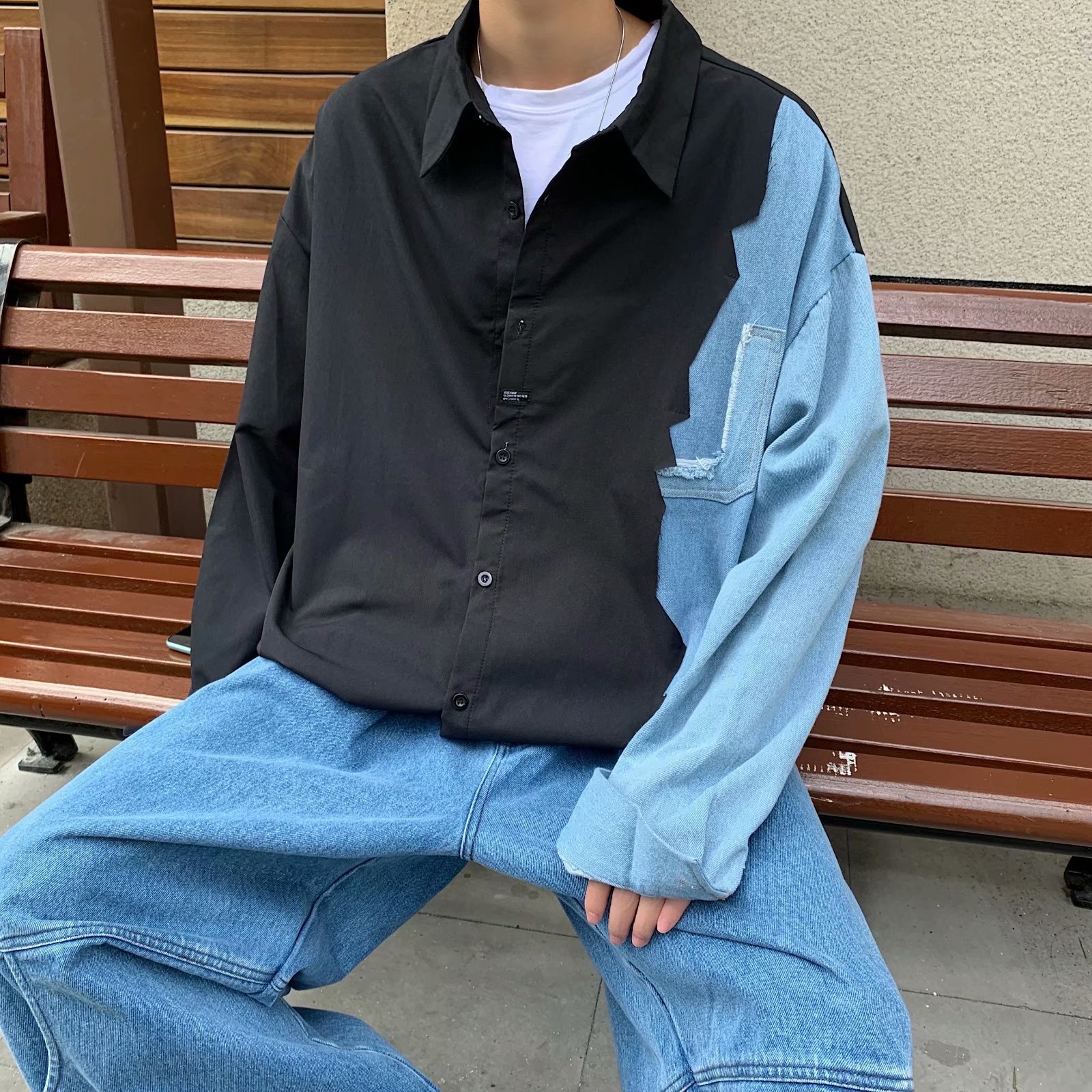 长袖衬衫男生春秋季韩版潮流牛仔拼接休闲衬衣宽松男士寸衫男装潮