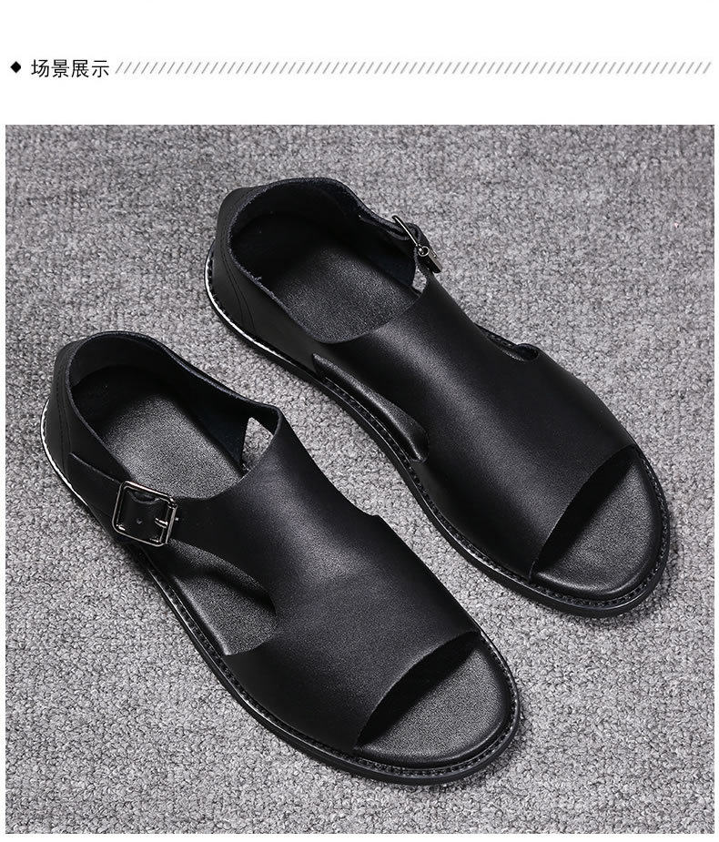 Dép sandal nam quai ngang kiểu La Mã, da bò, hở ngón, đế mềm thoáng khí — Màu đen chi tiết 6