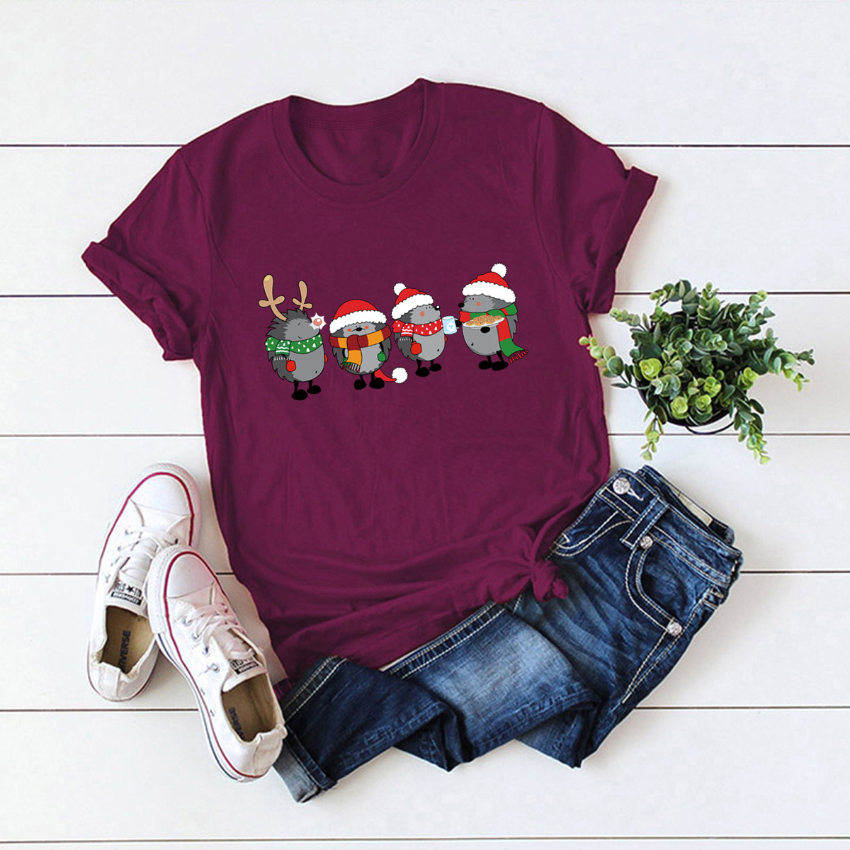 camiseta de manga corta camisa de mujer Feliz Navidad animales NSSN4169