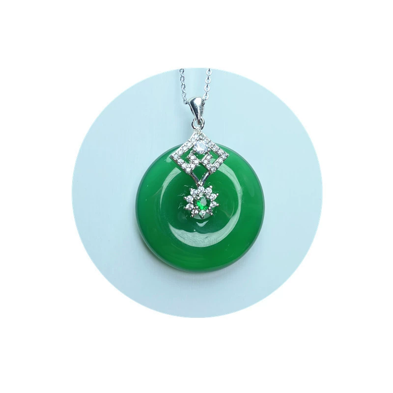 Stone inlay jade, pendant for beloved, chain, silver 925 sample