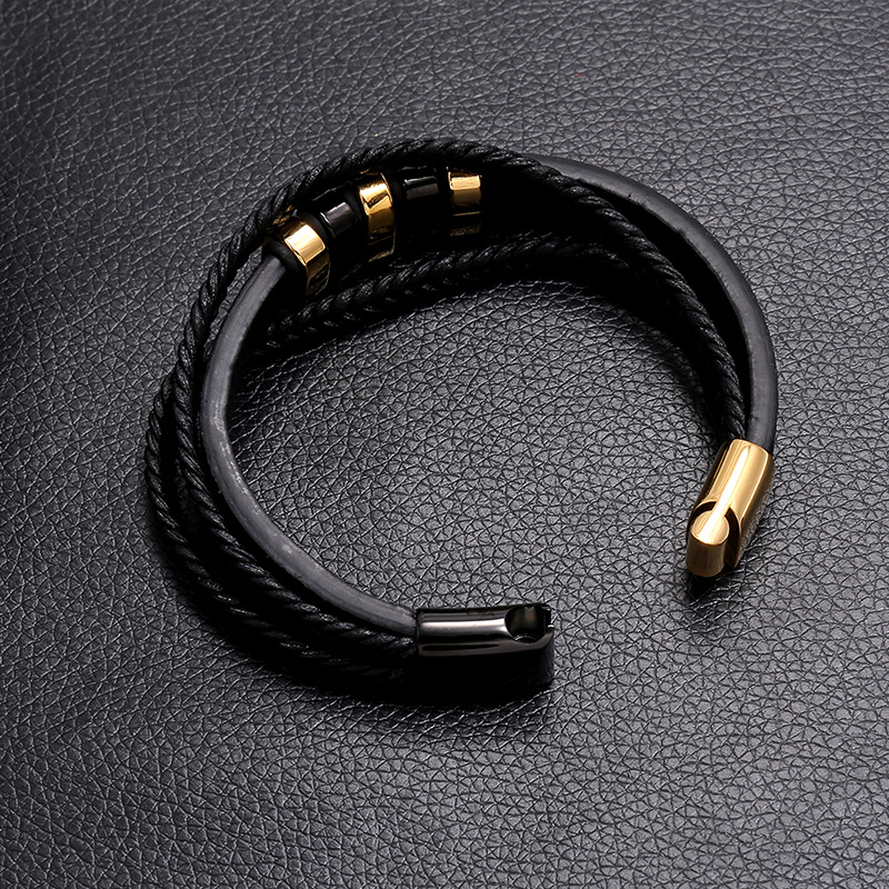 Fashion two-color stainless steel magnet buckle menu0027s leather bracelet simple bracelet