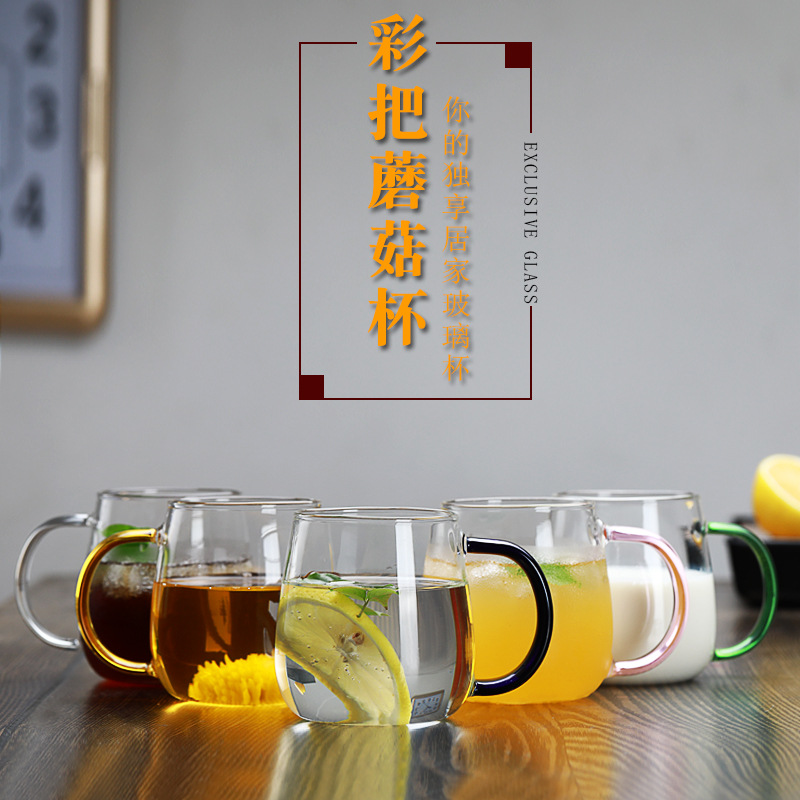 Taza de agua de vidrio de borosilicato lindo simple taza de setas mango de color con tapa de vidrio de oficina en casa taza de una sola capa