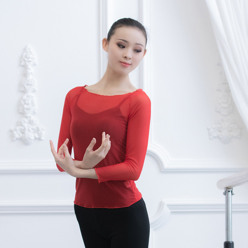One-Character Elastic Mesh Top with Long Sleeves, Ballet Dance Training Dress for Adults, Figure Skirt for Women, Classical Dance Outerwear